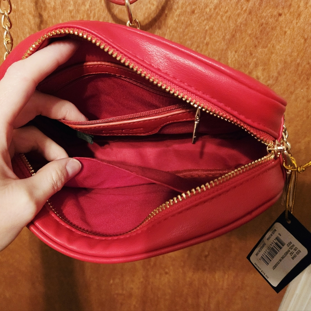 bebe Quilted Red Crossbody Bag with Gold Chain and Crystal Logo - Picture 4 of 16